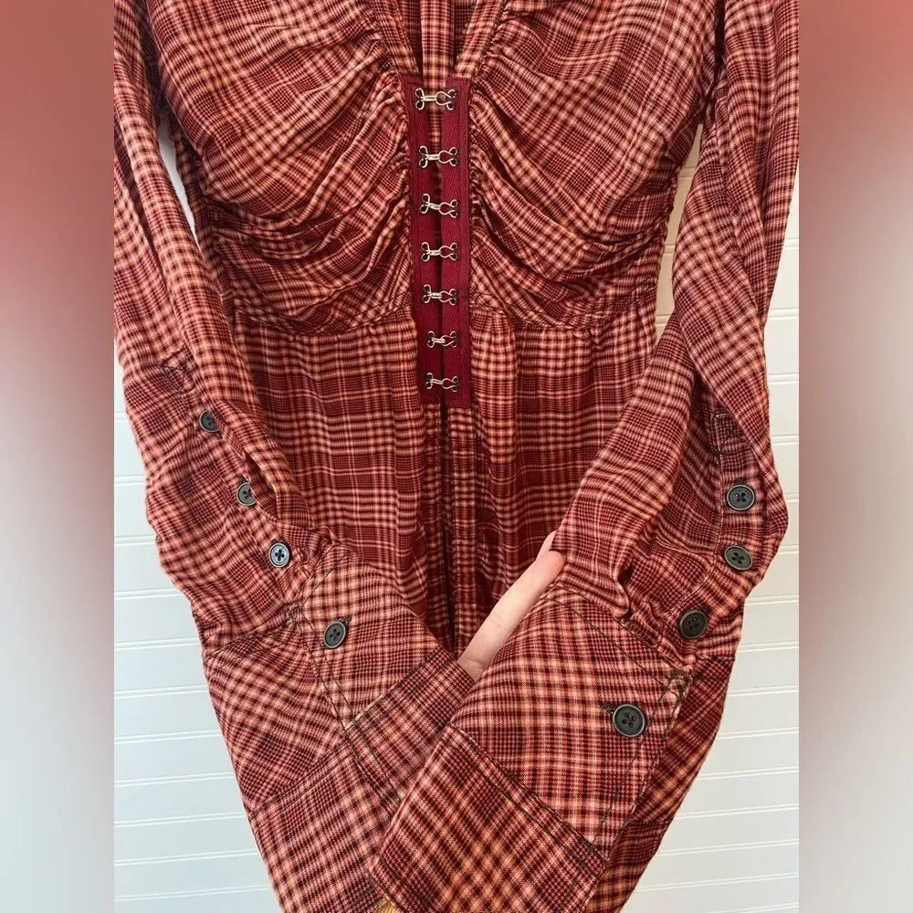 Free People We The Free Catalynn Cinched Plaid Blouse NWT Gingham Size XSmall